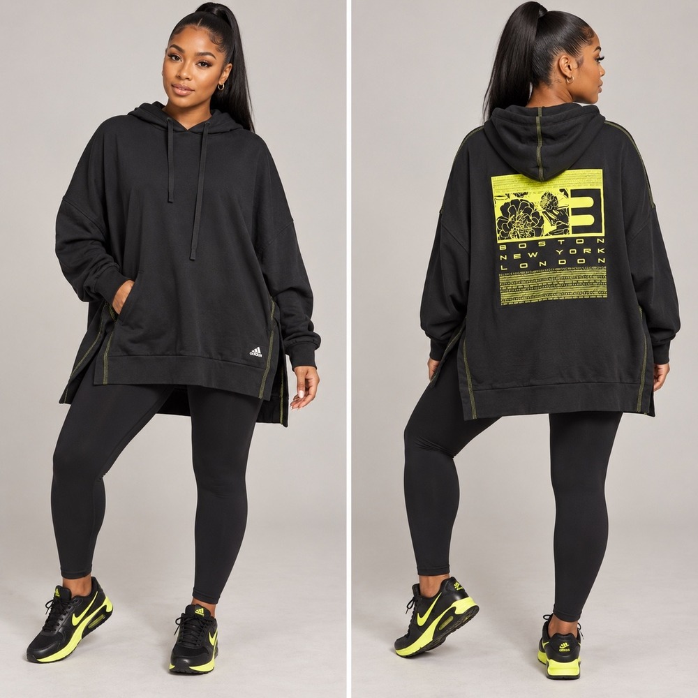 L 245 Adidas Black Oversized Hoodie Neon Floral City Back Graphic Side Slits